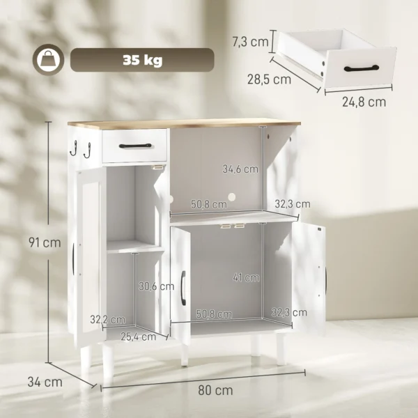 Sideboard Keukenkast Met Lade, 2 Kasten, Open Vak, Geribbelde Acrylglasdeur 80 X 34 X 91 Cm Wit+Eik