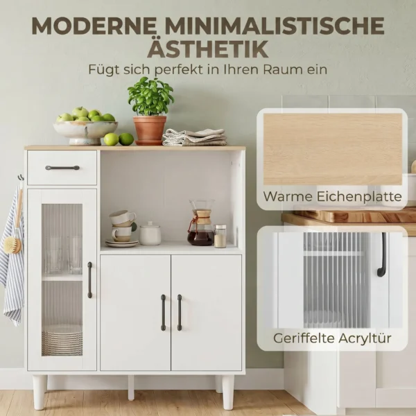 Sideboard Keukenkast Met Lade, 2 Kasten, Open Vak, Geribbelde Acrylglasdeur 80 X 34 X 91 Cm Wit+Eik