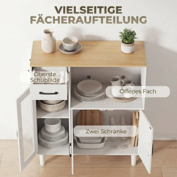 Sideboard Keukenkast Met Lade, 2 Kasten, Open Vak, Geribbelde Acrylglasdeur 80 X 34 X 91 Cm Wit+Eik