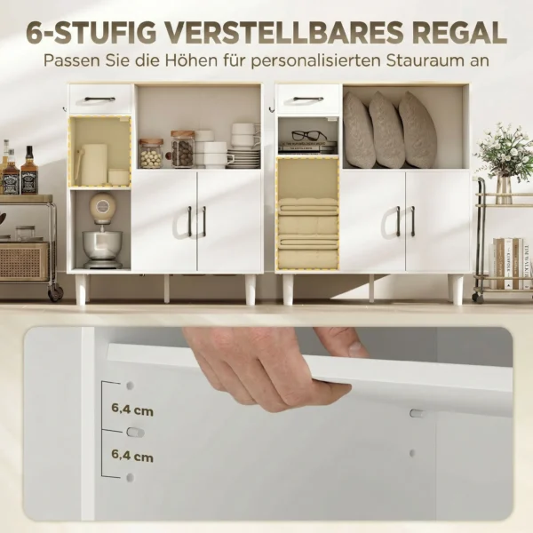 Sideboard Keukenkast Met Lade, 2 Kasten, Open Vak, Geribbelde Acrylglasdeur 80 X 34 X 91 Cm Wit+Eik
