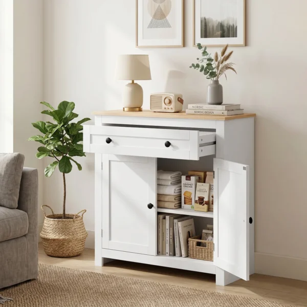 Sideboard Keukenkast Met Lade, Dubbele Deur, Verstelbare Legplank, Voor Woonkamer, 78,5 X 35 X 80 Cm Wit