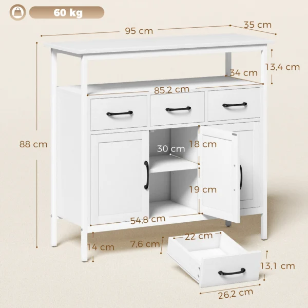 Sideboard Met Verstelbare Planken, Buffetkast Met 3 Lades, 3 Deuren, 95 Cm, Wit
