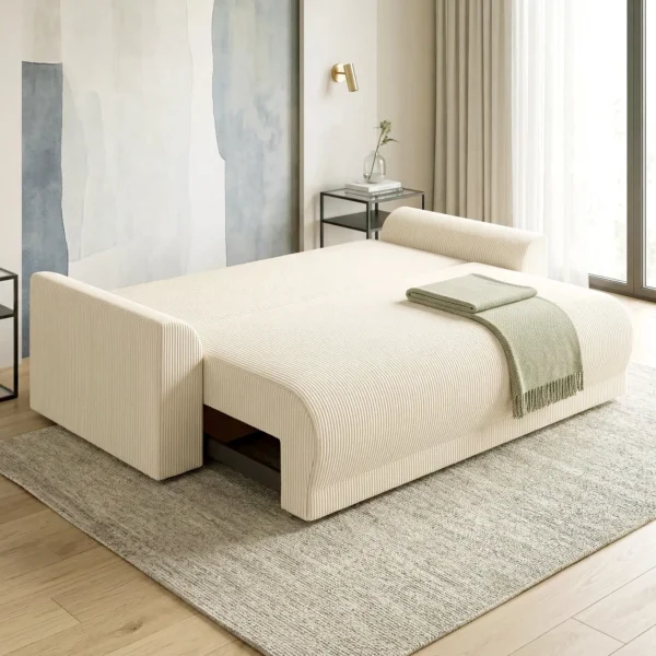 Slaapbank 190x150cm 3 zits Bank Met Slaapfunctie, Kussens, Opbergruimte, Corduroy look Voor Woonkamer, Beige