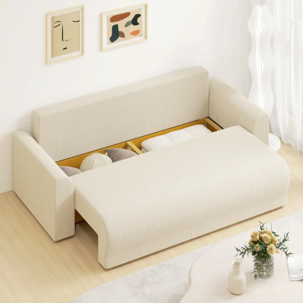 Slaapbank 190x150cm 3 zits Bank Met Slaapfunctie, Kussens, Opbergruimte, Corduroy look Voor Woonkamer, Beige