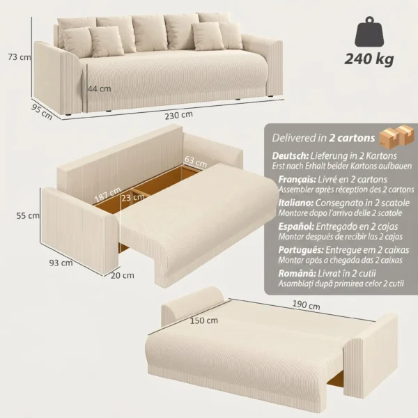 Slaapbank 190x150cm 3 zits Bank Met Slaapfunctie, Kussens, Opbergruimte, Corduroy look Voor Woonkamer, Beige