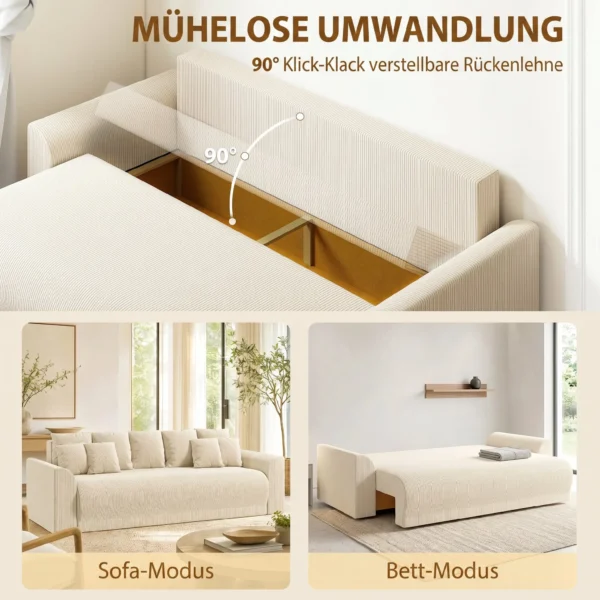 Slaapbank 190x150cm 3 zits Bank Met Slaapfunctie, Kussens, Opbergruimte, Corduroy look Voor Woonkamer, Beige