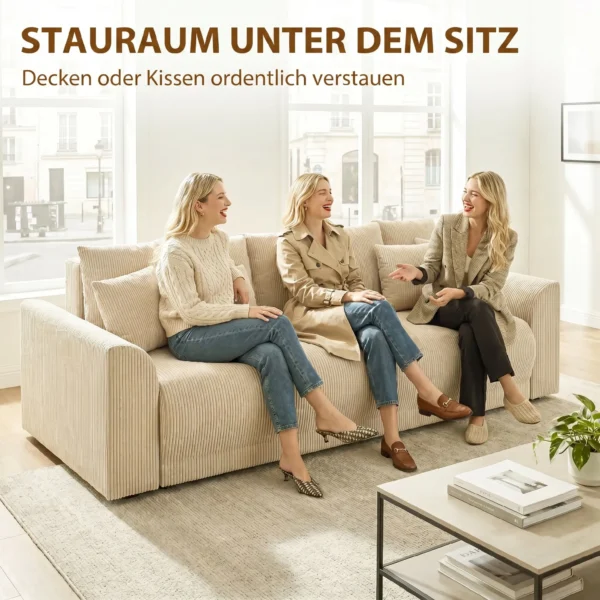 Slaapbank 190x150cm 3 zits Bank Met Slaapfunctie, Kussens, Opbergruimte, Corduroy look Voor Woonkamer, Beige