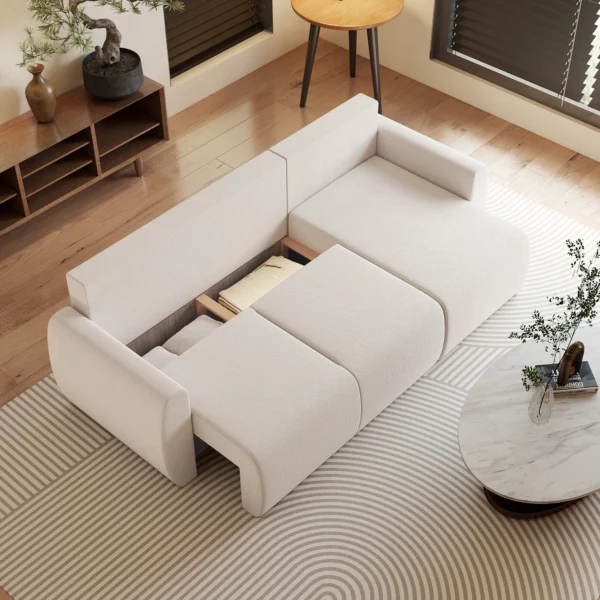 Slaapbank Met Omkeerbare Chaise Longue, L vormige 3 zits Sofa Met Veloursbekleding, Crèmewit