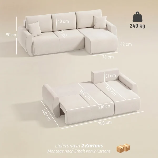 Slaapbank Met Omkeerbare Chaise Longue, L vormige 3 zits Sofa Met Veloursbekleding, Crèmewit