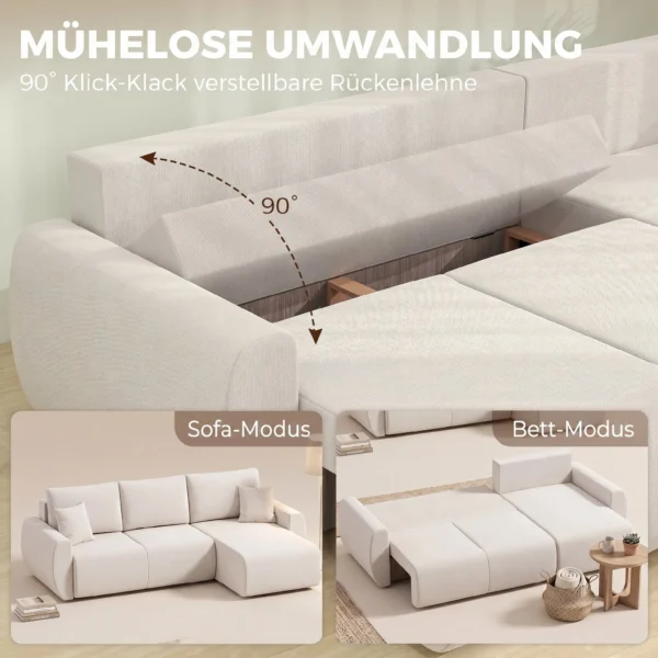 Slaapbank Met Omkeerbare Chaise Longue, L vormige 3 zits Sofa Met Veloursbekleding, Crèmewit