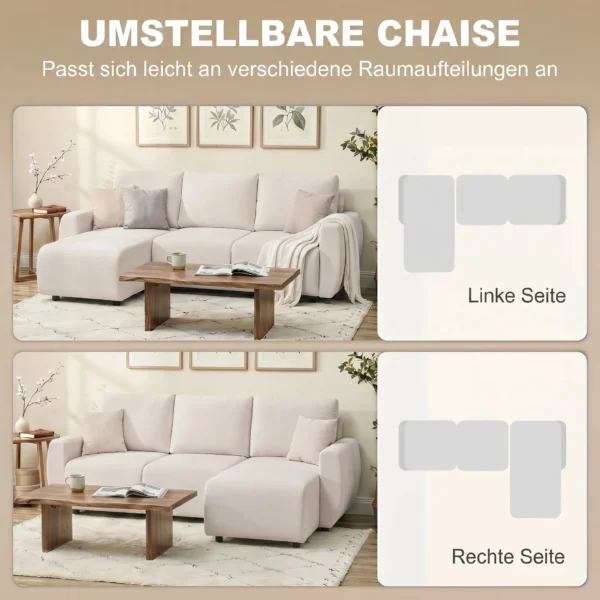 Slaapbank Met Omkeerbare Chaise Longue, L vormige 3 zits Sofa Met Veloursbekleding, Crèmewit