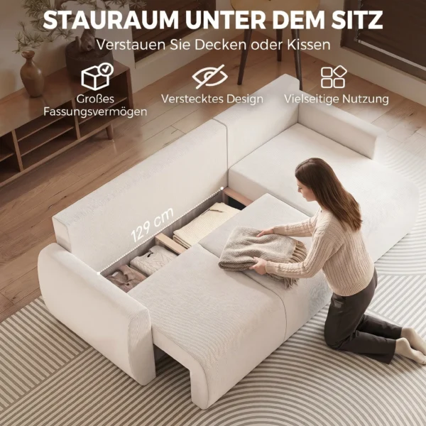 Slaapbank Met Omkeerbare Chaise Longue, L vormige 3 zits Sofa Met Veloursbekleding, Crèmewit