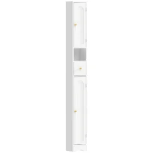 Smalle Badkamerkast Met Lade, Gebogen Deuren, Open Vak, Verstelbare Plank 20x20x185 Cm Wit