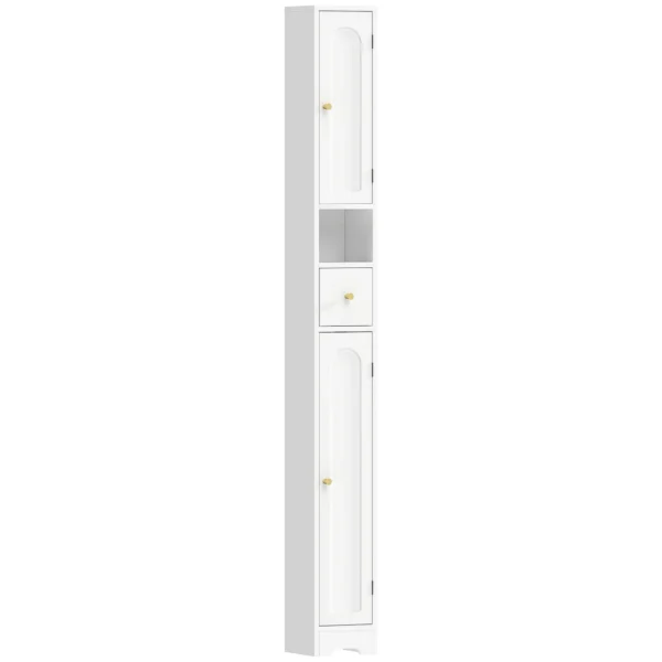 Smalle Badkamerkast Met Lade, Gebogen Deuren, Open Vak, Verstelbare Plank 20x20x185 Cm Wit