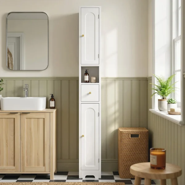 Smalle Badkamerkast Met Lade, Gebogen Deuren, Open Vak, Verstelbare Plank 20x20x185 Cm Wit