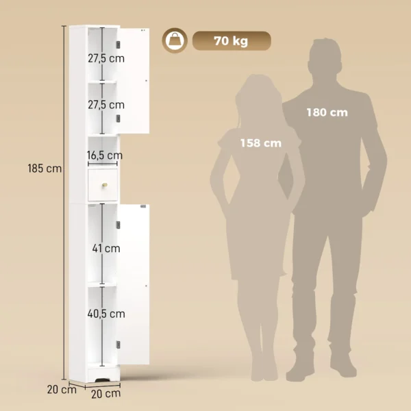 Smalle Badkamerkast Met Lade, Gebogen Deuren, Open Vak, Verstelbare Plank 20x20x185 Cm Wit