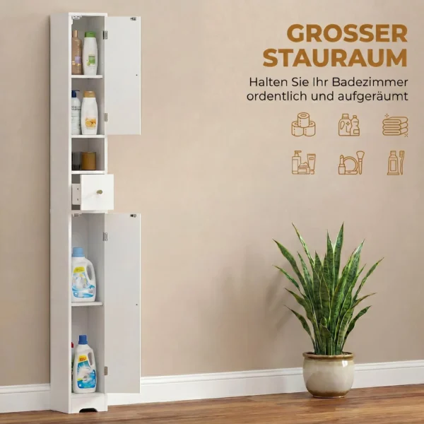 Smalle Badkamerkast Met Lade, Gebogen Deuren, Open Vak, Verstelbare Plank 20x20x185 Cm Wit