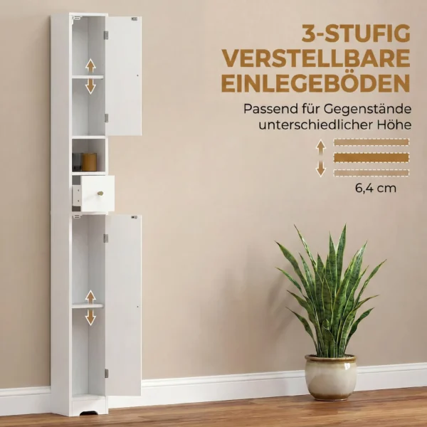 Smalle Badkamerkast Met Lade, Gebogen Deuren, Open Vak, Verstelbare Plank 20x20x185 Cm Wit