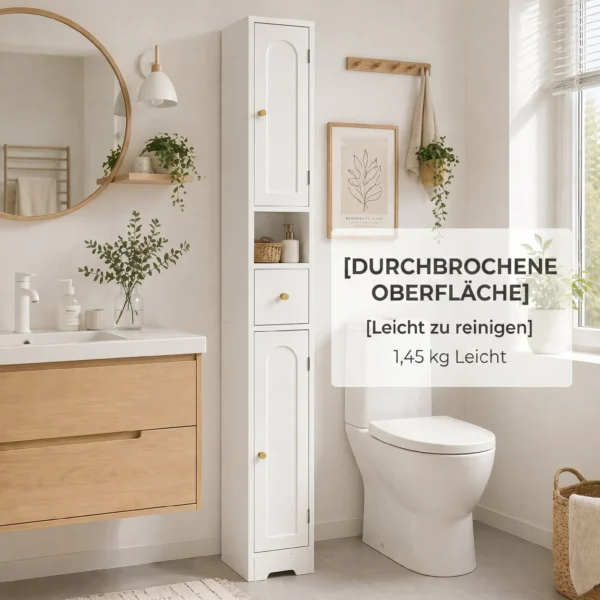 Smalle Badkamerkast Met Lade, Gebogen Deuren, Open Vak, Verstelbare Plank 20x20x185 Cm Wit