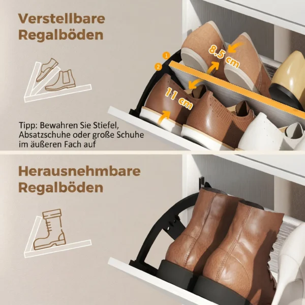 Smalle Schoenenkast Met 2 Klapvakken, Schoenenkast Met Lychee lederen Deuren En Verstelbare Planken, Wit