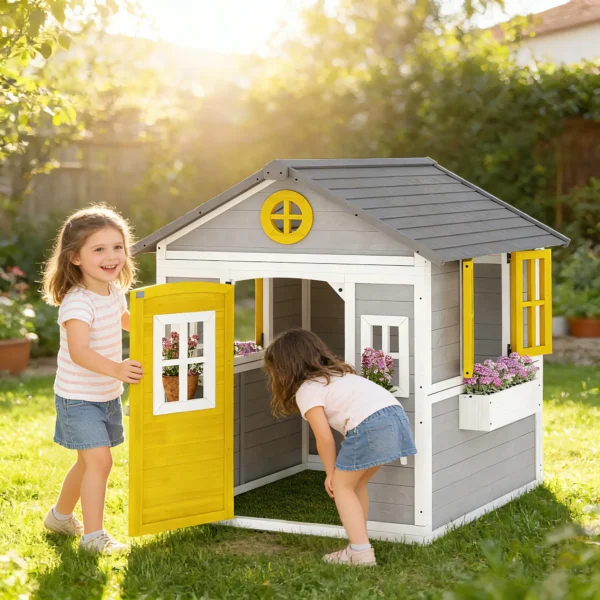 Speelhuis Weerbestendig Kinderspeelhuis Van Hout Met Deur, 6 Ramen, 2 Bloembakken, 2 Bloemenstandaards Voor 3 8 Jaar Grijs