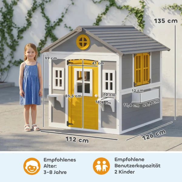 Speelhuis Weerbestendig Kinderspeelhuis Van Hout Met Deur, 6 Ramen, 2 Bloembakken, 2 Bloemenstandaards Voor 3 8 Jaar Grijs