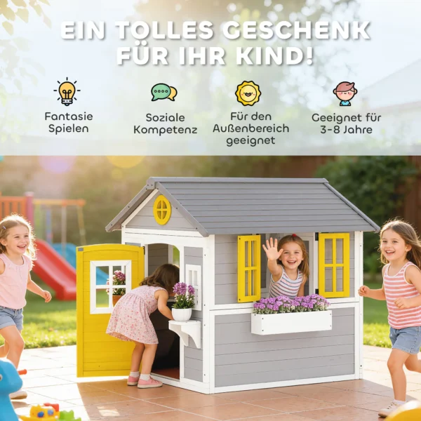 Speelhuis Weerbestendig Kinderspeelhuis Van Hout Met Deur, 6 Ramen, 2 Bloembakken, 2 Bloemenstandaards Voor 3 8 Jaar Grijs
