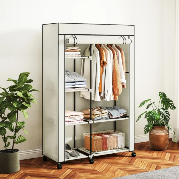 Stoffen Kast, Opbergoplossing, 6 Planken, 1 Kledingstang, Crème