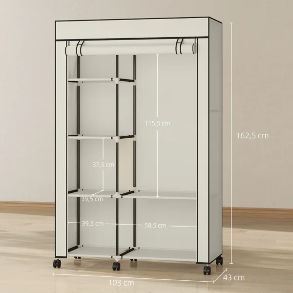 Stoffen Kast, Opbergoplossing, 6 Planken, 1 Kledingstang, Crème