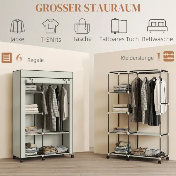 Stoffen Kast, Opbergoplossing, 6 Planken, 1 Kledingstang, Crème
