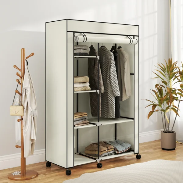 Stoffen Kast, Opbergoplossing, 6 Planken, 1 Kledingstang, Crème