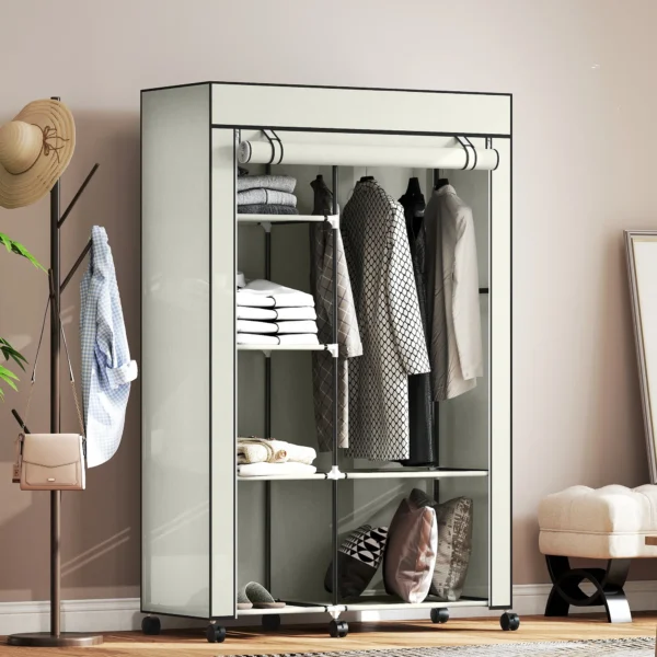 Stoffen Kast, Opbergoplossing, 6 Planken, 1 Kledingstang, Crème