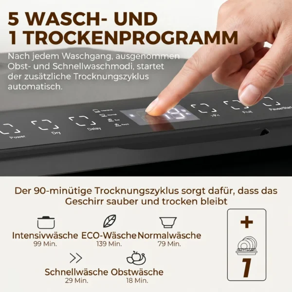 Tafelvaatwasser, Met Ingebouwde 6 liter Watertank, 5 Programma's, 4 Couverts, LED display Zwart