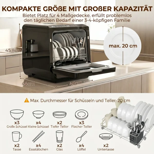 Tafelvaatwasser, Mini vaatwasser Met 6 liter Tank, 5 Programma's, LED display, Droogfunctie, Zwart