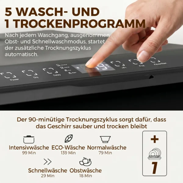 Tafelvaatwasser, Mini vaatwasser Met 6 liter Tank, 5 Programma's, LED display, Droogfunctie, Zwart