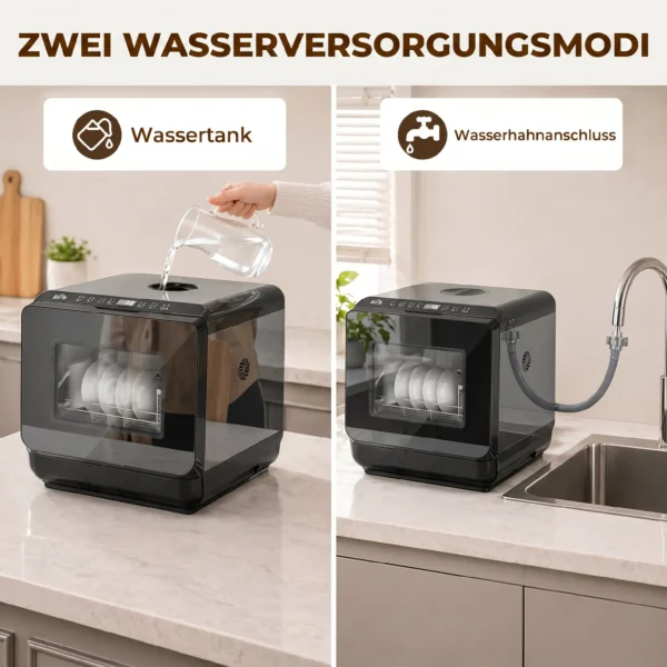 Tafelvaatwasser, Mini vaatwasser Met 6 liter Tank, 5 Programma's, LED display, Droogfunctie, Zwart