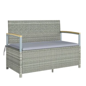Tuinbank Polyrattan 170L 2 zits Bank Met Opbergruimte Afneembaar Kussen Ritssluiting binnenbekleding Houten armleuning