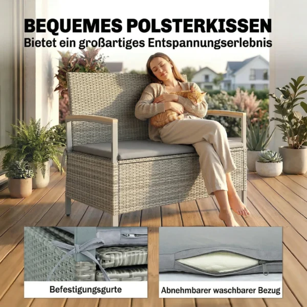 Tuinbank Polyrattan 170L 2 zits Bank Met Opbergruimte Afneembaar Kussen Ritssluiting binnenbekleding Houten armleuning