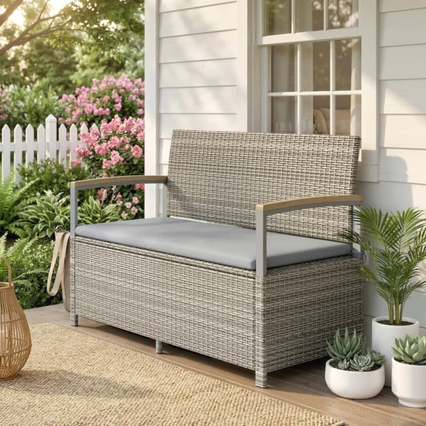 Tuinbank Polyrattan 170L 2 zits Bank Met Opbergruimte Afneembaar Kussen Ritssluiting binnenbekleding Houten armleuning