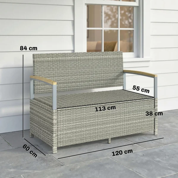 Tuinbank Polyrattan 170L 2 zits Bank Met Opbergruimte Afneembaar Kussen Ritssluiting binnenbekleding Houten armleuning