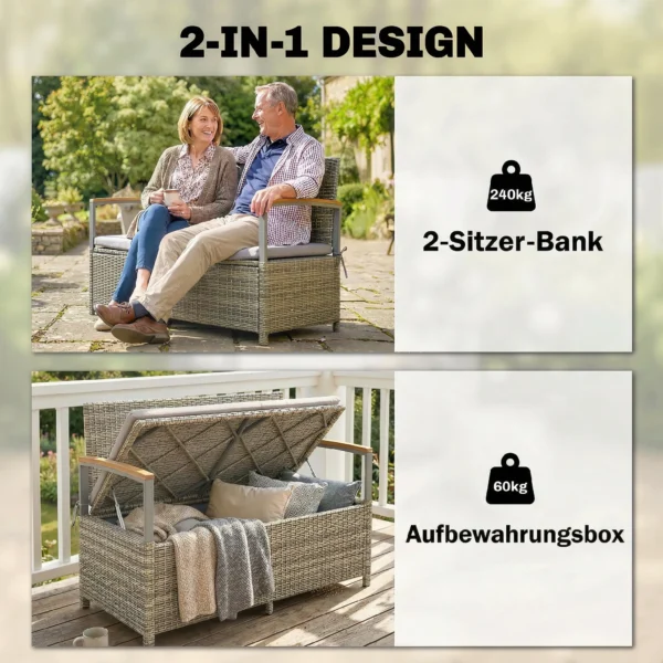 Tuinbank Polyrattan 170L 2 zits Bank Met Opbergruimte Afneembaar Kussen Ritssluiting binnenbekleding Houten armleuning
