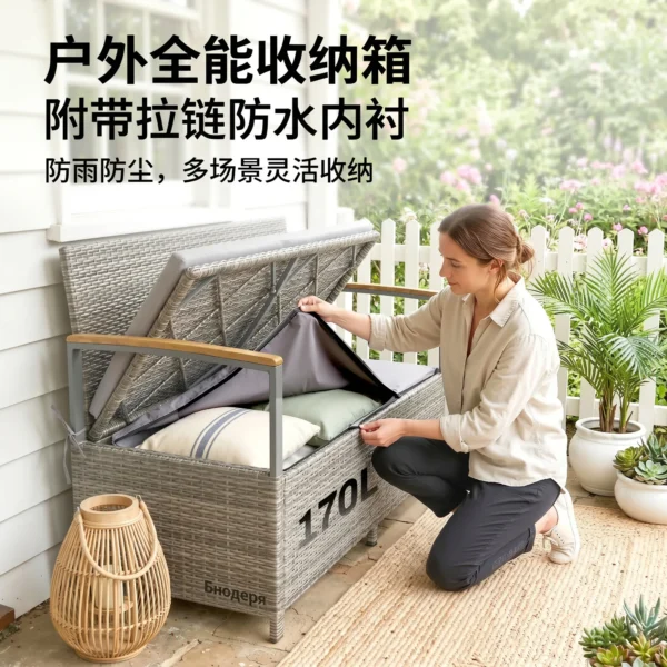 Tuinbank Polyrattan 170L 2 zits Bank Met Opbergruimte Afneembaar Kussen Ritssluiting binnenbekleding Houten armleuning