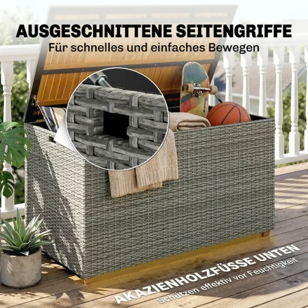 Tuinbox 450 L Polyrattan Waterdicht Kussenbox Met FSC houten Deksel Gasdrukveren Binnenbekleding