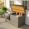 Tuinbox 450 L Polyrattan Waterdicht Kussenbox Met FSC houten Deksel Gasdrukveren Binnenbekleding
