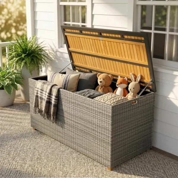 Tuinbox 450 L Polyrattan Waterdicht Kussenbox Met FSC houten Deksel Gasdrukveren Binnenbekleding