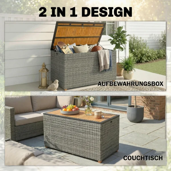 Tuinbox 450 L Polyrattan Waterdicht Kussenbox Met FSC houten Deksel Gasdrukveren Binnenbekleding