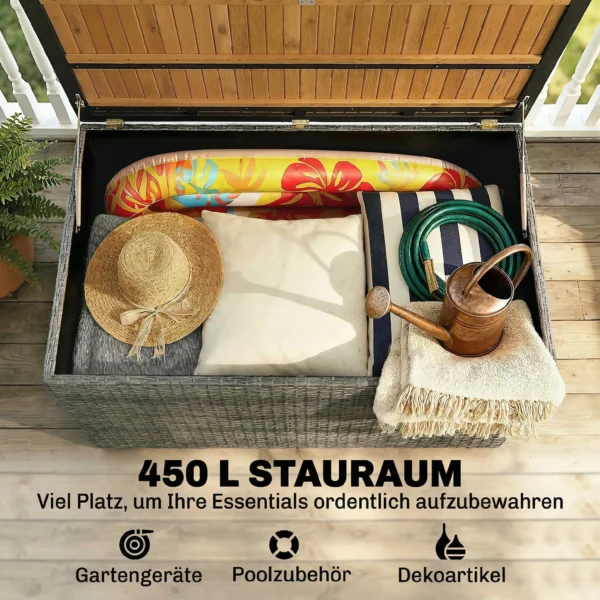 Tuinbox 450 L Polyrattan Waterdicht Kussenbox Met FSC houten Deksel Gasdrukveren Binnenbekleding
