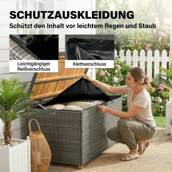 Tuinbox 450 L Polyrattan Waterdicht Kussenbox Met FSC houten Deksel Gasdrukveren Binnenbekleding
