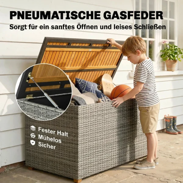 Tuinbox 450 L Polyrattan Waterdicht Kussenbox Met FSC houten Deksel Gasdrukveren Binnenbekleding