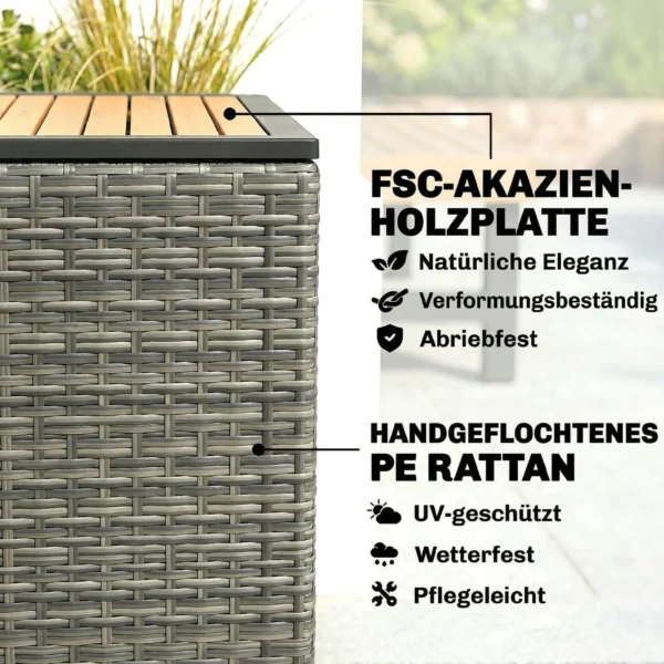 Tuinbox 450 L Polyrattan Waterdicht Kussenbox Met FSC houten Deksel Gasdrukveren Binnenbekleding